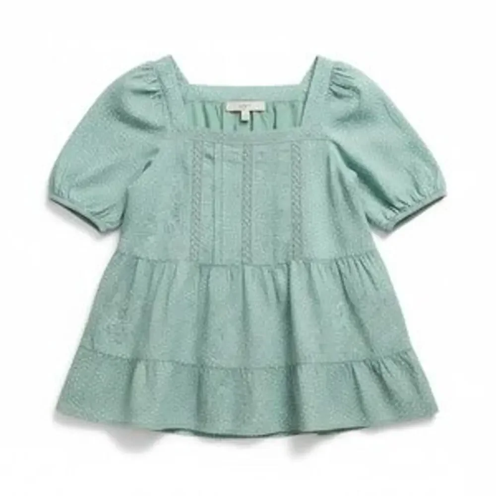 LOFT Mint Green Polka Dot Puff Sleeve Lace Trim Cotton Tiered Peplum Top Medium